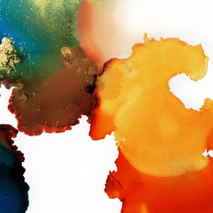 May include: Abstract art painting with blue, green, brown, orange, and gold colors. The colors are blended together in a fluid and organic way, creating a sense of movement and energy.
