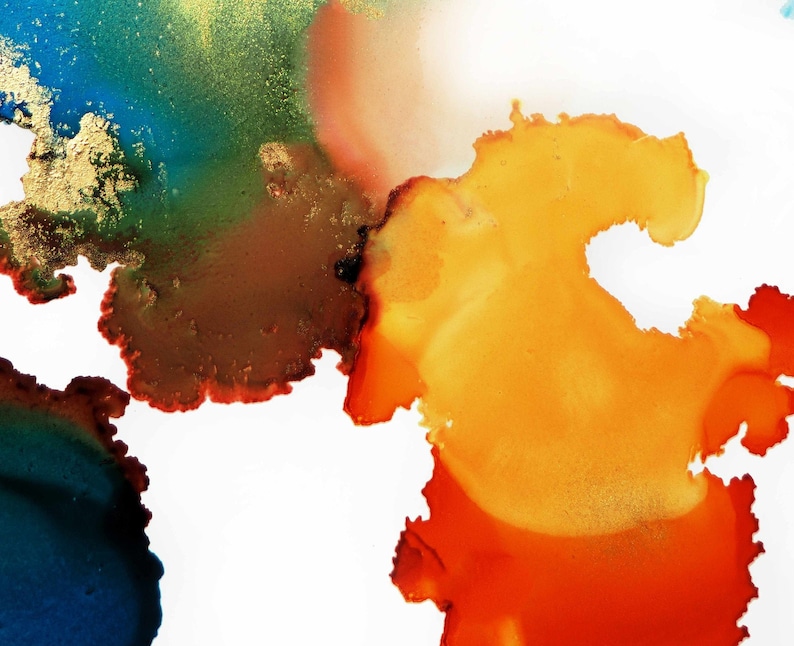 May include: Abstract art painting with blue, green, brown, orange, and gold colors. The colors are blended together in a fluid and organic way, creating a sense of movement and energy.