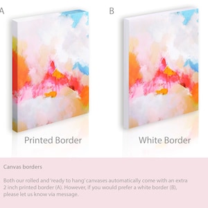 May include: Two images showing the difference between a printed border and a white border on a canvas print. The canvas print features an abstract painting with pink, orange, yellow, and blue colors. The text "Printed Border" and "White Border" is below each image.