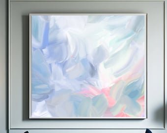 Abstract Cool Blue Lotus Petals Fine Art Print, Pastel Pink Interior Design, White Floral Canvas Wall Art, UK artist