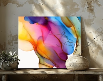 Pink Ink Art Print: Sheer Yellow & Blue Abstract Wall Art