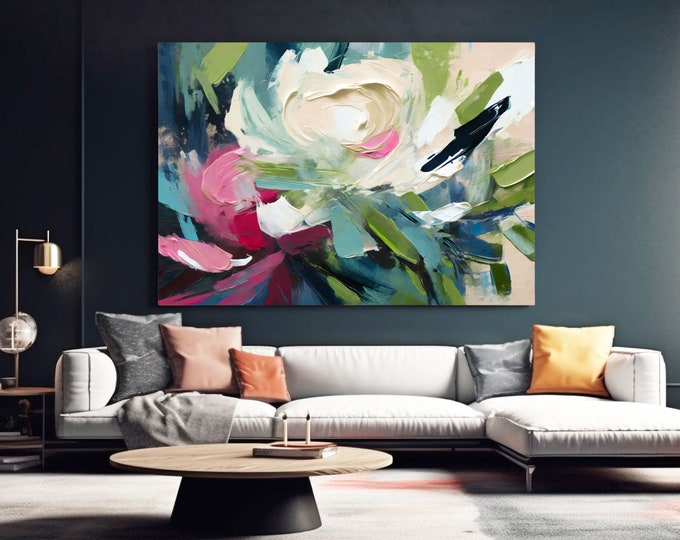 Rose & Peony Abstract Art Print: Cream White Floral Canvas Wall Decor