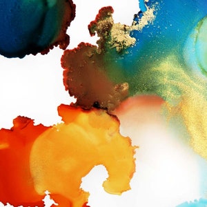 May include: Abstract art painting with blue, green, orange, and gold paint splatters on a white background.