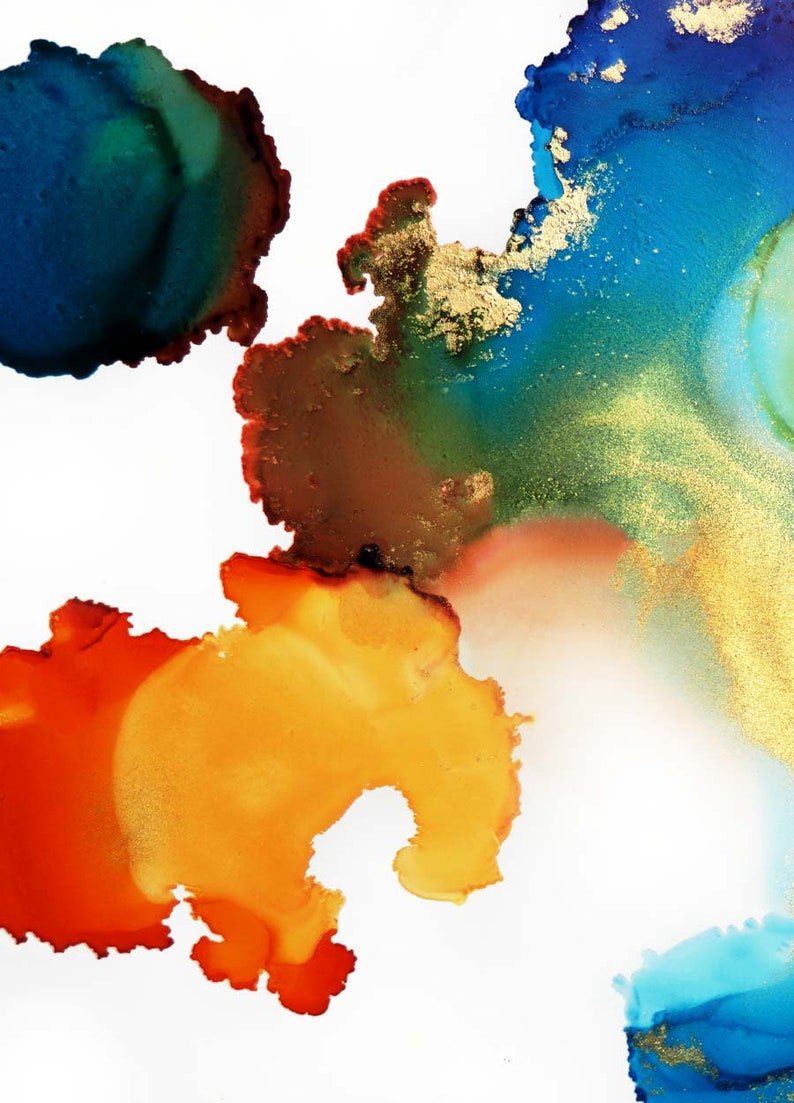 May include: Abstract art painting with blue, green, orange, and gold paint splatters on a white background.