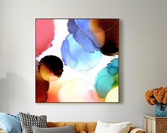Bright Coral Pink Ink Art Print: Blue Amber Abstract Bubbles Wall Art
