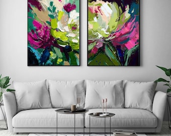Lime Green Magenta Floral Fine Art Abstract Print Set, White Flower Wall Art, Teal Blue Accents, UK Artist