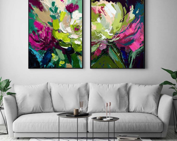 Floral Abstract Print Set, Lime Green Magenta, Signed Giclée Art