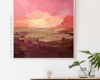 Suffolk Sunset Fine Art Print, Pink Abstract Wall Art, Dark Green Accents, Warm Brown Canvas, UK artist