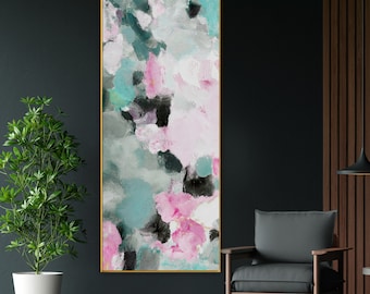 Mint Hibiscus Fine Art Abstract Print, Long Narrow Floral Canvas, Interior Design, Pastel Textured Print, Wall Art, UK