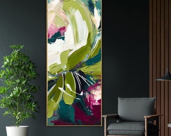 Olive and Plum Abstract Floral Fine art Print, Long Vertical Canvas, Dark Pink Accents, Avocado Green Wall Art Decor, UK