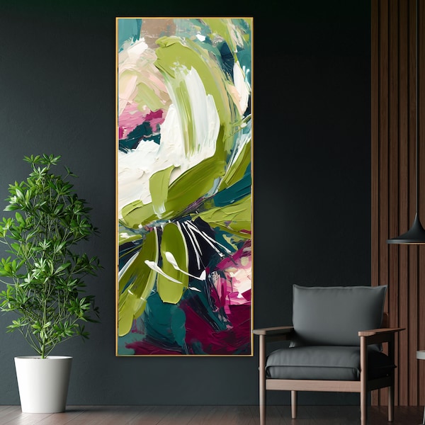 Olive and Plum Abstract Floral Fine art Print, Long Vertical Canvas, Dark Pink Accents, Avocado Green Wall Art Decor, UK