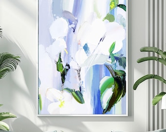 Pastel Blue Floral Abstract Art Print:  Textured White Canvas Wall Art, Signed Giclée