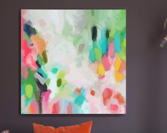 Lime Tree Green Abstract Fine Art Print, Home Decor, Bright Pink Floral Art, Colourful Flowers, Sage Greens, UK artist