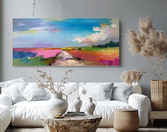 Pink Abstract Print, Bright Happy Canvas Art, Blue Sky Wall Art UK