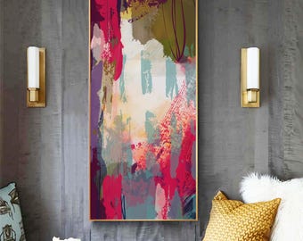 Burgundy Red Abstract Art Print, Narrow Canvas, Teal Blue Home Decor, Olive Green Wall Art, UK artist