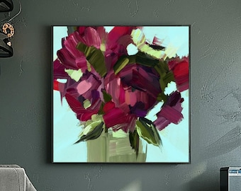Burgundy Wine Abstract Fine Art Print, Bright Teal Green Floral Wall Decor