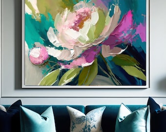 Olive Peony Abstract Fine Art print, Contemporary Pink Floral Art, Soft Grey Aesthetic, Interior Design, UK artist