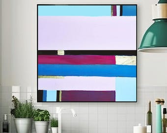 Abstract Pink Lanes Art Print: Gold Leaf Embellished Wall Art, Pale Blue Decor