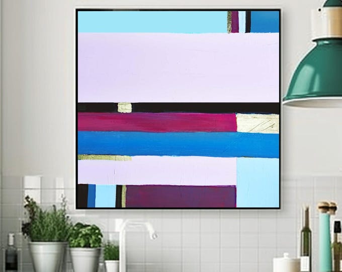 Abstract Pink Lanes Art Print: Gold Leaf Embellished Wall Art, Pale Blue Decor