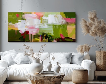 Lime Green Abstract Print, Long Narrow Canvas Wall Art, UK artist