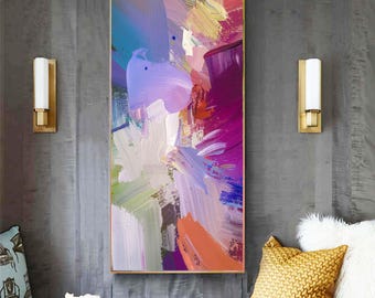 Magenta Violet Floral Abstract Canvas Print, Long Narrow Wall Art, Sage Green Decor, Pale Pink Floral, UK artist