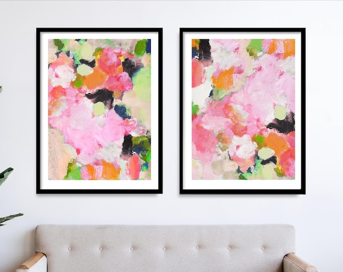 Pink Sage Abstract Art Print Set, Floral Pastel Wall Decor