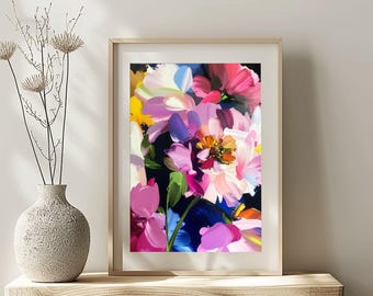 Cerise & Cobalt Blue Floral Abstract Print: Bright Pink Flower Wall Art, UK Artist