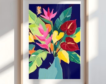 Colourful Abstract Tropical Art: Bright Yellow Floral Canvas, Interior Design