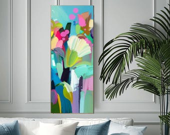 Seafoam Lily Abstract Art Print: Long Narrow Canvas, Teal Green Accents
