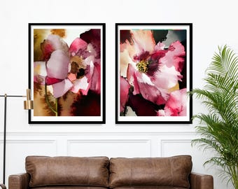 Red Wine Poppy Abstract Flower Print Set: Burgundy Floral Wall Art