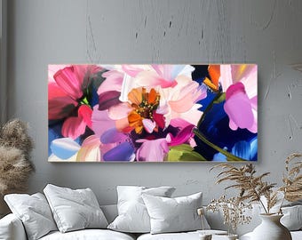 Bright Pink Floral Abstract Print:  Narrow Coral Blush Flower Wall Art