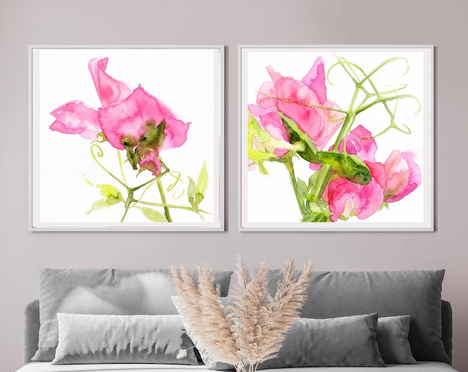 Pink Floral Set of 2 Fine Art Prints, Watercolour Painting, Botanical Wall Art