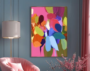 Bright Pink Abstract Art Print: Mid-Century Interior Design, Pastel Florals