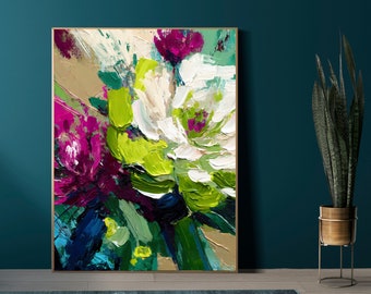 Floral Abstract Giclee Print: Lime Green & Magenta Rose Wall Art