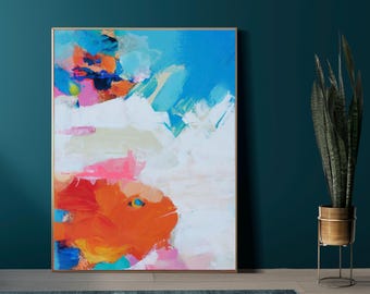 Abstract Orange Fish Fine Art Print, Contemporary Blue Wall Art, Home Decor, Whimsical Interior design,  UK Artist