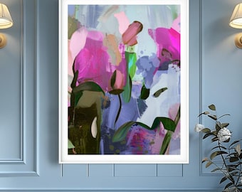 Pink Wild Flowers Abstract Giclée Print: Blue Grey Home Decor