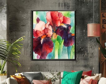 Plum Iris Abstract Fine Art Print,  Bright Red Floral Wall Decor, UK artist