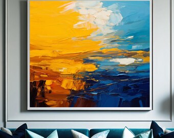 Golden Azure Sky Abstract Fine Art Print, Mustard Yellow Wall Art, Deep Blue Interior Design, Decor, UK artist