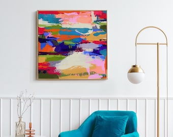 Abstract Poppy Fields Fine Art Print, Bright Red Aesthetic, Olive Green, Teal Blue, Colourful Happy Wall Decor, UK artist