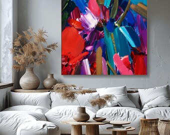 Red Poppy Abstract Fine Art Print, Bright Red Aesthetic, Olive Green, Teal Blue, Colourful Floral Wall Decor, UK artist