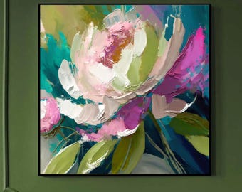SALE Olive Peony Abstract Fine Art Paper Print, 18x18" Pink Floral Aesthetic, Interior Design, UK artist