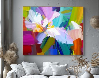 Colourful Floral Abstract Print: White Iris Wall Art, Interior Design
