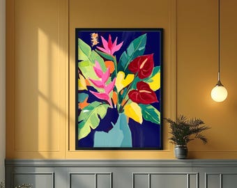 Colourful Abstract Tropical Art: Bright Yellow Floral Canvas, Interior Design