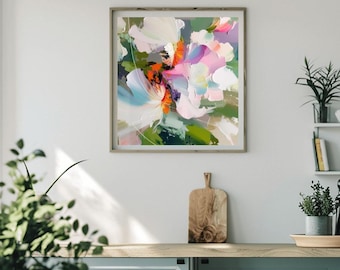 White Iris Abstract Fine Art Print, Pale Pink Floral Wall Art, Teal Blue, Sage Green Decor, Olive Green Accents, UK artist