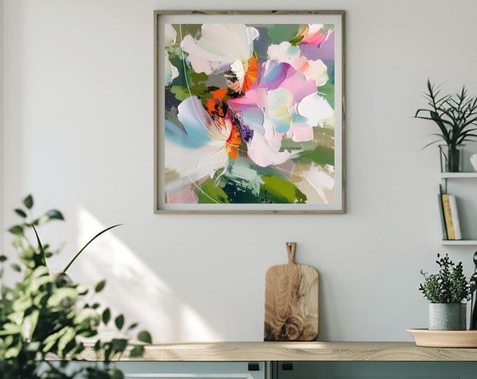 Featured listing image: White Iris Abstract Fine Art Print, Pale Pink Floral Wall Art, Teal Blue, Sage Green Decor, Olive Green Accents, UK artist