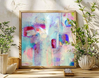 Teal Blue Abstract Print: Mint Vervain, Aqua and Magenta Wall Art