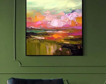 Olive & Mint Abstract Fine Art Print, Green Floral Decor, Colourful Canvas Wall Art, Pastel Pink, UK artist