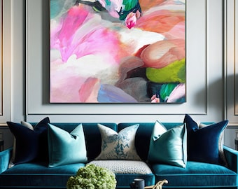 Coastal Floral Abstract Fine Art Print, Light Teal Blue Contemporary Living room Wall Art, Pastel Pink, UK artist