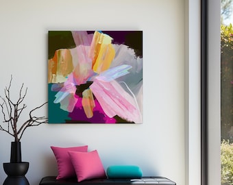 Crystal Abstract Fine Art Print, Mint Green Decor, Magenta Pink Wall Art, Yellow Flower, UK artst