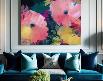 Pink Floral Abstract Fine Art Print, Mustard Yellow Modern Wall Art, Bright Magenta Flower Canvas, UK artist